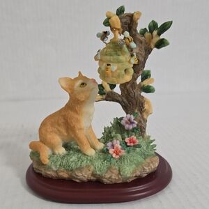 Adorable Cat and Beehive Figurine on Wood Base